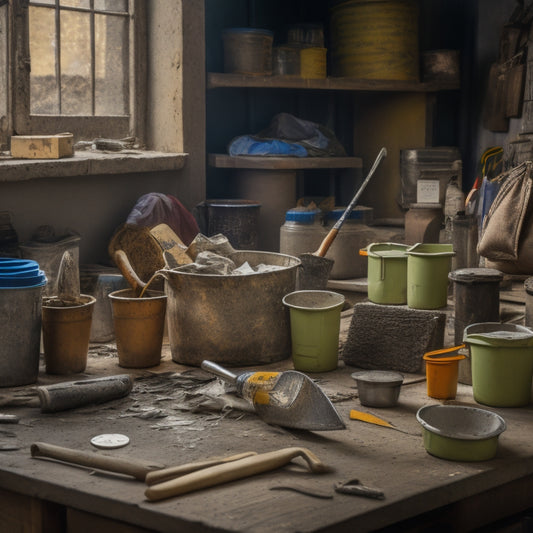 A cluttered workbench with a variety of plastering tools, including a trowel, putty knife, and joint knife, surrounded by bags of plaster mix, buckets, and a measuring cup.