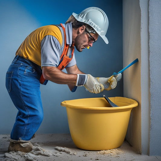 Image of a person in a hard hat, safety glasses, and gloves holding a putty knife, trowel, and joint compound near a bucket and a freshly plastered wall with a dustpan and brush in the corner.