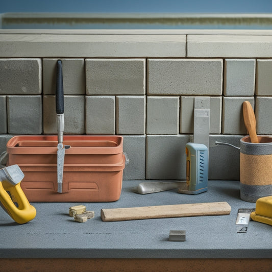 A photograph of a neatly organized toolbox containing a level, trowel, hammer, and cement block molds, with a partially constructed cement block wall in the background.