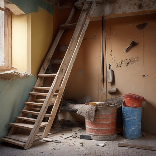 A worn, wooden ladder leaning against a partially demolished wall, with a pointing gun lying on the top rung, surrounded by scattered drywall dust and scattered renovation tools.