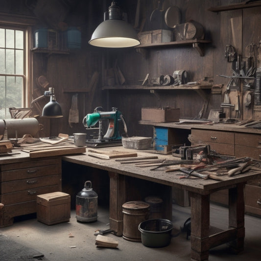 A cluttered yet organized workspace with a variety of tools and materials, including a table saw, drill press, and circular saw, surrounded by lumber, pipes, and renovation debris.