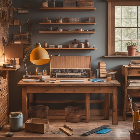 A clutter-free, organized workspace with a wooden table, featuring a neatly arranged selection of finishing tools, including putty knives, sandpaper, paintbrushes, and a level, surrounded by renovation materials.