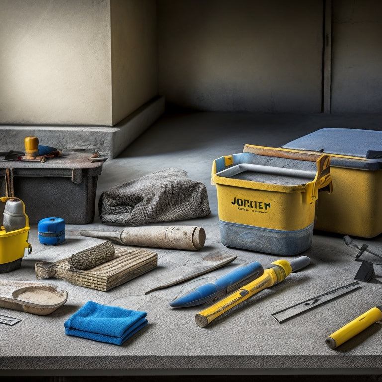 A well-organized toolbox with various concrete floor repair tools, including a scraper, grinder, trowel, and joint filler, arranged on a cracked concrete floor with a subtle background of a renovation site.