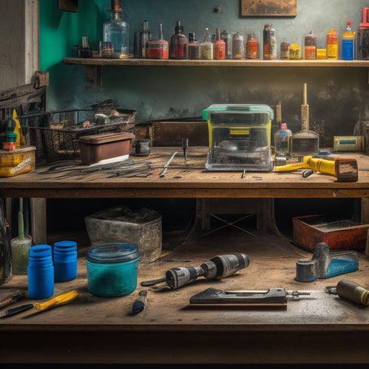 A cluttered workbench with various epoxy injection tools, including a drill, mixing sticks, and injection ports, surrounded by epoxy cartridges, gloves, and a partially repaired cracked concrete wall in the background.