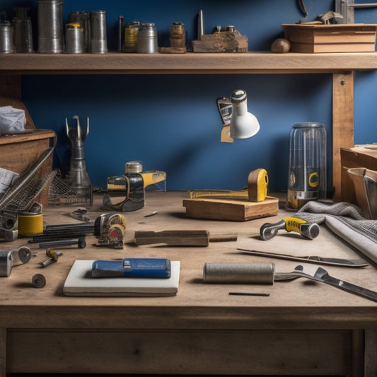 A cluttered workbench with a hammer, tape measure, level, and pliers scattered among blueprints, scattered screws, and a half-built wooden shelf, with a faint blueprint grid pattern in the background.