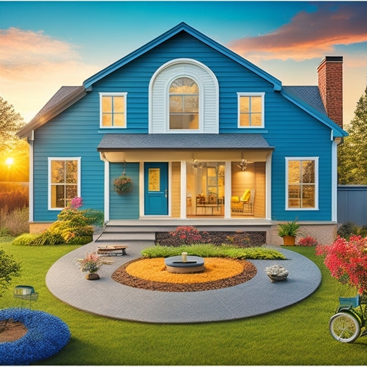 A stylized illustration of a modern home's exterior with various renovation stages depicted in a circular timeline, showcasing construction tools, building materials, and a subtle clock face in the background.
