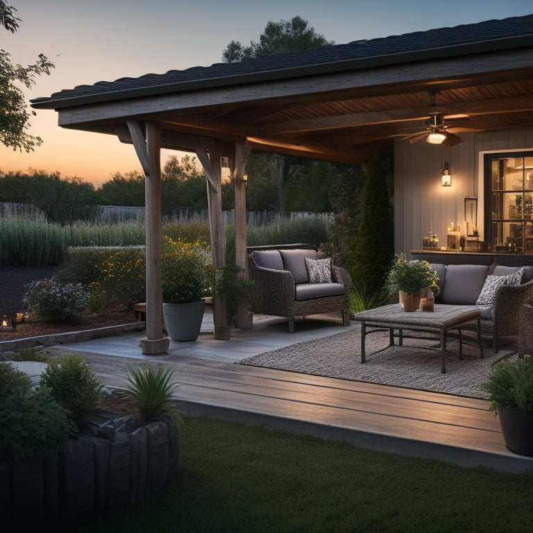 A serene backyard with a renovated patio cover, featuring a mix of wooden beams, corrugated metal roofing, and lush greenery, surrounded by outdoor furniture and decorations, with a subtle sunset glow.
