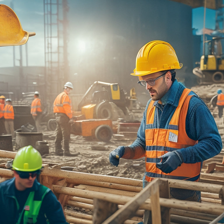 A cluttered construction site with a renovator in the center, wearing a yellow hard hat, orange vest, and safety goggles, surrounded by tools, ladders, and warning signs.