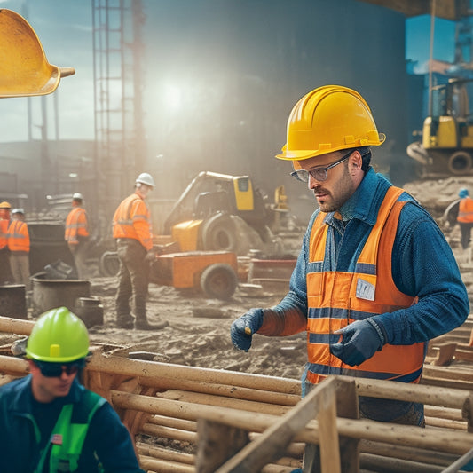 A cluttered construction site with a renovator in the center, wearing a yellow hard hat, orange vest, and safety goggles, surrounded by tools, ladders, and warning signs.