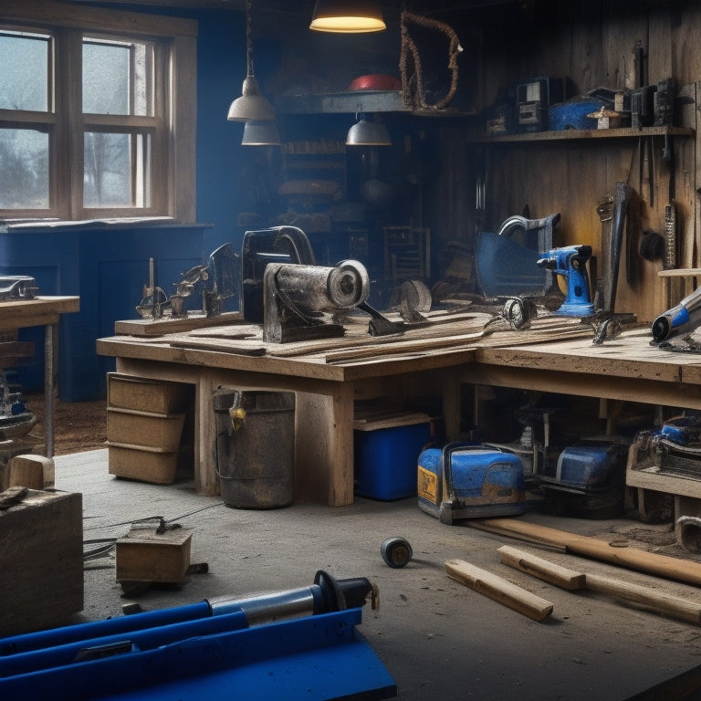 A cluttered workshop background with various power tools and building materials scattered around, featuring a prominent table saw, circular saw, and impact driver in the foreground, surrounded by half-built wooden structures.