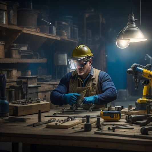 A well-lit workshop with a person wearing safety goggles, gloves, and a dust mask, standing in front of a workbench with various power tools, including a drill press and impact driver.