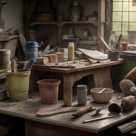 A cluttered workbench with various DIY plaster tools, including a hawk, trowel, joint knife, and putty knife, surrounded by scattered plaster dust, buckets, and renovation materials, with a subtle blurred background of a home renovation site.