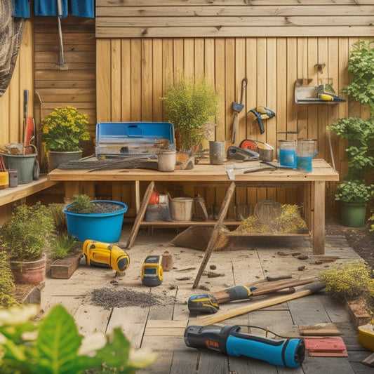 A cluttered, sun-drenched patio with a partially demolished deck, surrounded by various DIY tools, including a cordless drill, level, tape measure, and safety goggles, amidst scattered wood planks and gardening equipment.