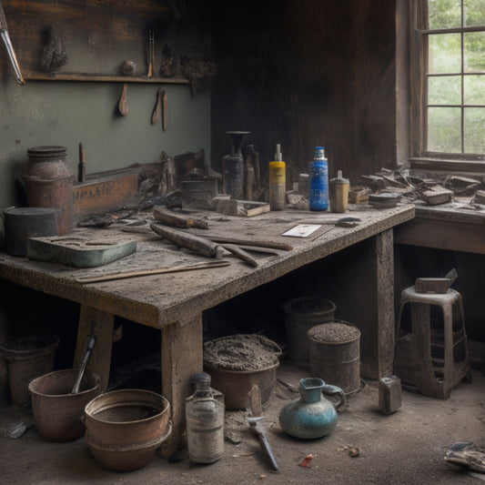 A cluttered workbench with a mix of worn, rusty, and clean used plastering tools, including a trowel, hawk, and joint knife, surrounded by scattered dust and debris, with a subtle background of a renovation-in-progress.