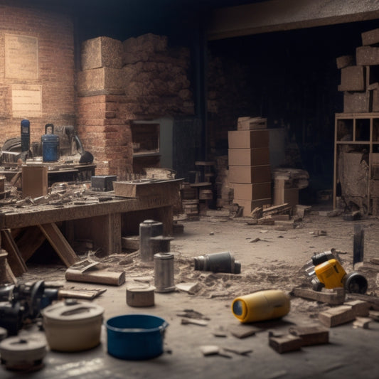 A messy workshop with a half-built block wall in the background, surrounded by scattered expensive-looking power tools, piles of block bricks, and a few torn instruction manuals on the floor.