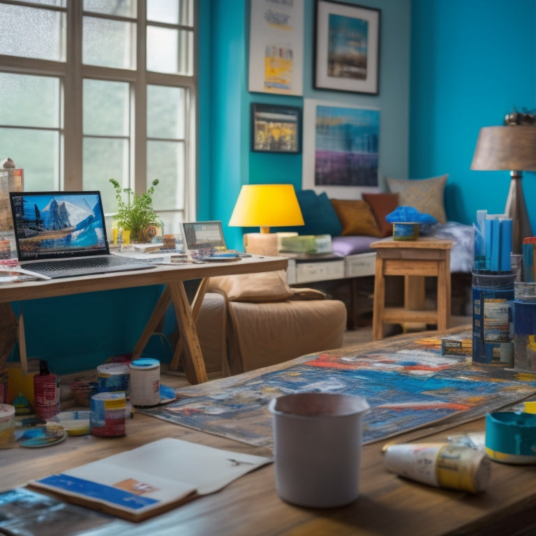 A messy, half-painted living room with a laptop, blueprints, and painting supplies scattered on a coffee table, surrounded by paint swatches and color cards on the walls.