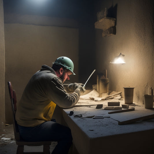 An image of a person in a dusty, dimly lit room, surrounded by renovation tools, holding a putty knife and examining a cracked, yellowed plaster wall with a faint outline of a repair area marked in pencil.