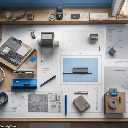 A clutter-free workspace with a large, unfolded floor plan blueprint, surrounded by various measuring tools, including a tape measure, level, and laser distance meter, with a pencil and eraser nearby.