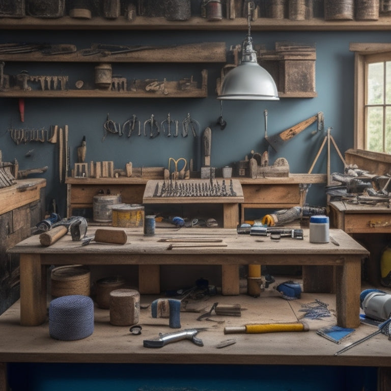A cluttered but organized workshop with a wooden workbench, surrounded by various tools like hammers, drills, tape measures, and levels, with a blueprint of a house renovation project pinned to a corkboard.
