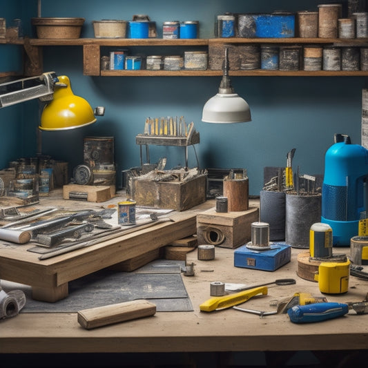 A cluttered, yet organized, workbench with a hammer, tape measure, level, and cordless drill, surrounded by paint swatches, blueprints, and a miniature DIY project in progress.