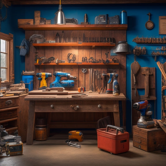 A tidy workshop backdrop with a wooden workbench, surrounded by seven essential tools: a cordless drill, level, tape measure, pliers, hammer, circular saw, and utility knife, each neatly arranged and well-lit.