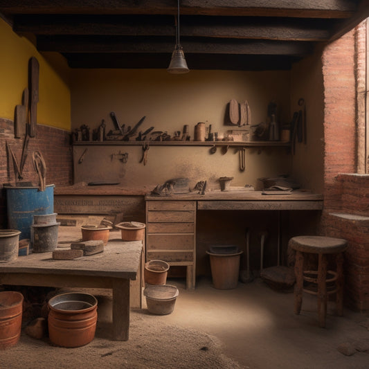 A dusty workshop with a wooden workbench in the center, surrounded by masonry tools: trowels, levels, jointers, and a bucket of mortar, with a half-built brick wall in the background.