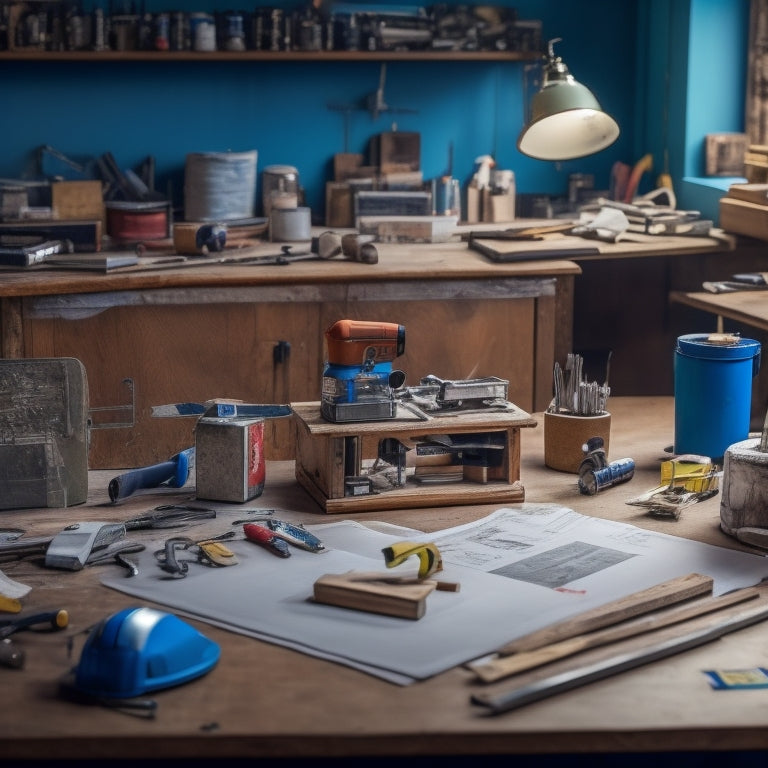A cluttered workshop table with various tools and materials, including a tape measure, level, hammer, drill, and saw, surrounded by scattered blueprints and a miniature house model.