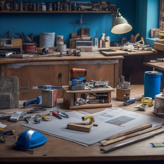 A cluttered workshop table with various tools and materials, including a tape measure, level, hammer, drill, and saw, surrounded by scattered blueprints and a miniature house model.
