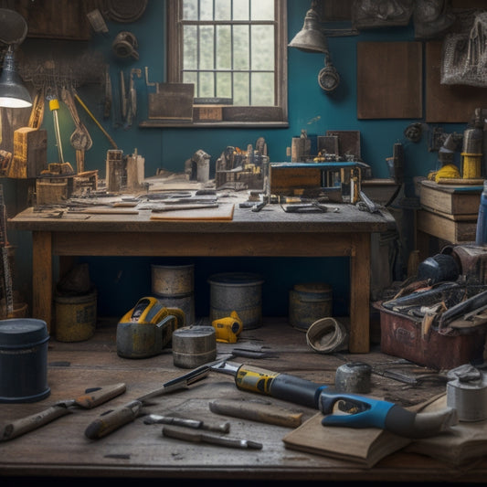 A cluttered yet organized workbench with a variety of tools, including a cordless drill, level, tape measure, and hammer, surrounded by scattered renovation plans and a few scattered DIY books.