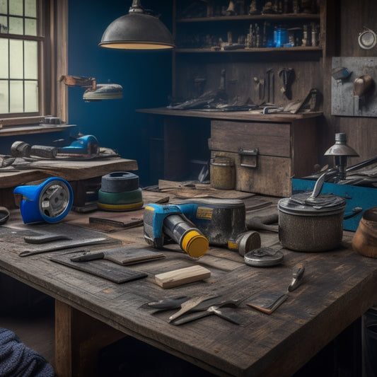A cluttered workshop table with various grinding tools scattered across it, including an angle grinder, belt sander, and orbital sander, surrounded by renovation materials like wood planks and metal pipes.