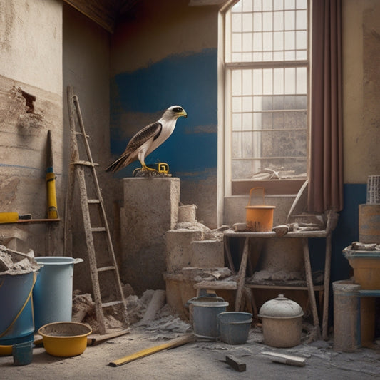 A cluttered exterior renovation site with various plaster tools scattered around, including a hawk, trowel, and float, amidst a backdrop of scaffolding, ladders, and a partially plastered wall.