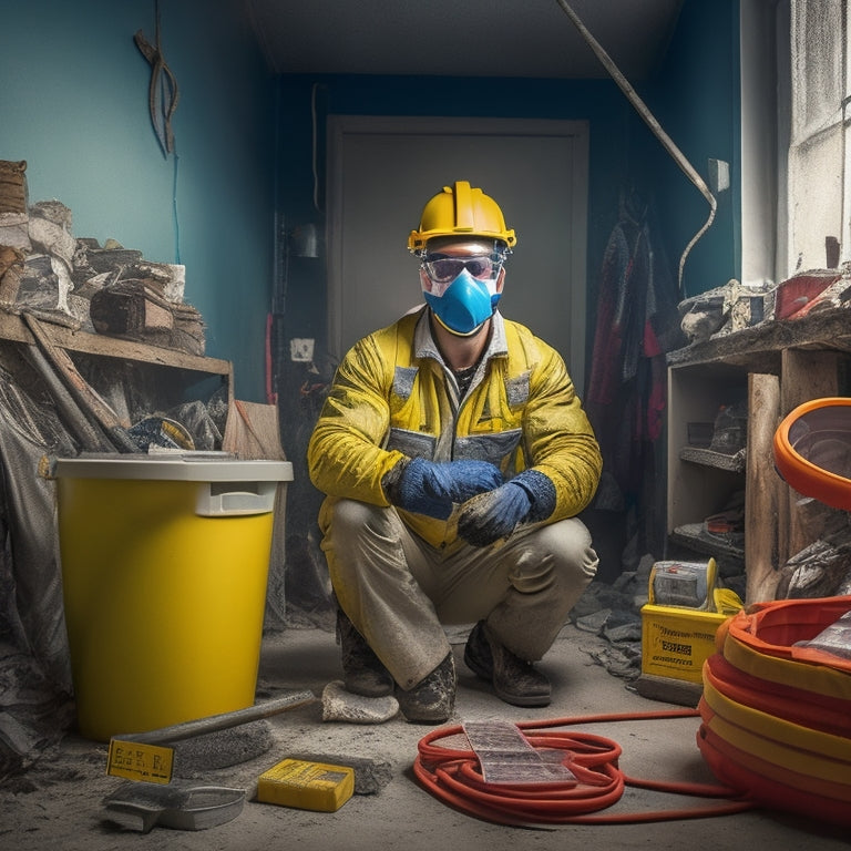A person wearing safety goggles, a dust mask, and gloves stands in a partially renovated room with exposed wiring, holding a hammer and surrounded by caution tape, warning signs, and a first-aid kit.