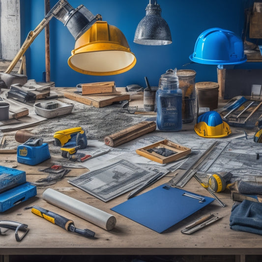 A messy, cluttered workspace with various renovation tools scattered around, including a calculator, blueprints, and a laptop, surrounded by construction hats and toolboxes, with a subtle background of a renovation-in-progress.