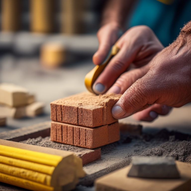 A close-up of a person's hands holding a block sealing tool, with a blurred background of a construction site, featuring bricks, blocks, and renovation materials, with a hint of mortar and dust.