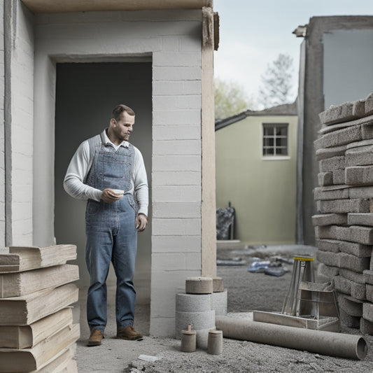 A photograph of a homeowner standing in front of a pallet of gray concrete blocks, with a measuring tape and a checklist in hand, surrounded by a partially renovated house with exposed foundation walls.