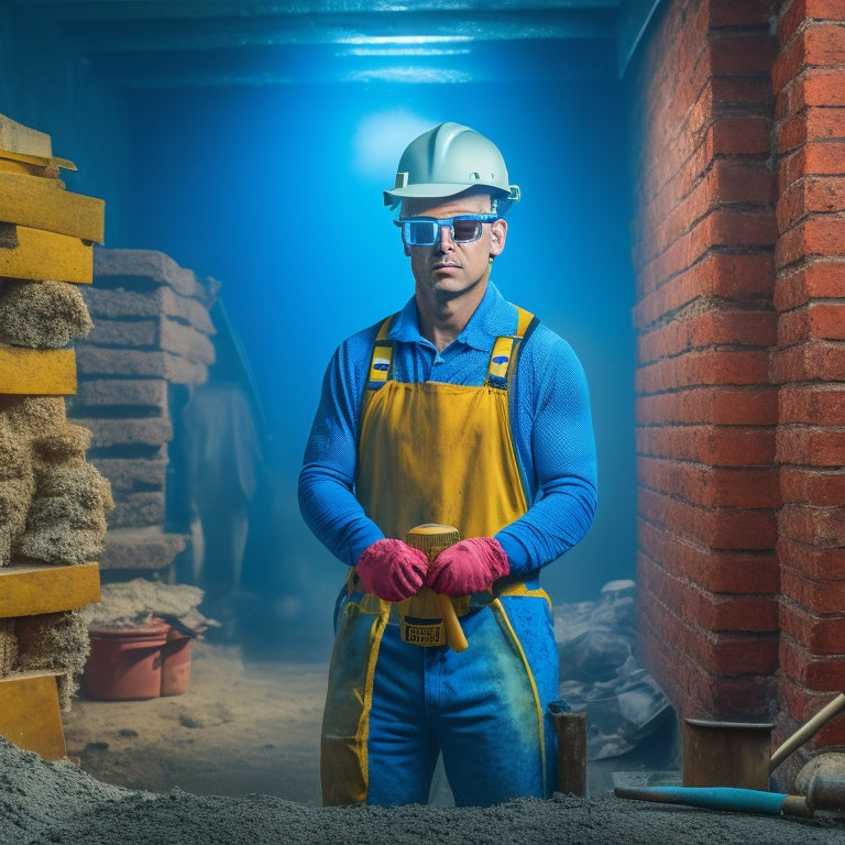 A person wearing safety goggles, gloves, and a dust mask, standing in front of a pile of cinder blocks, with a hammer and trowel nearby, amidst a partially renovated room with exposed brick walls.