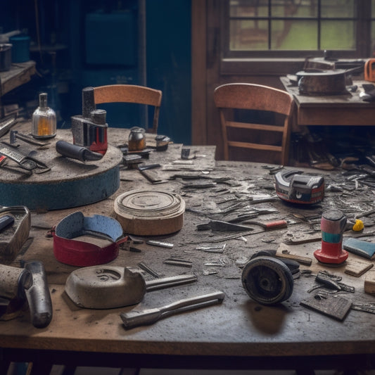 A cluttered workshop table with various renovation tools and multiple types of blades (circular, reciprocating, jigsaw, and diamond-coated) scattered around a partially disassembled power saw.