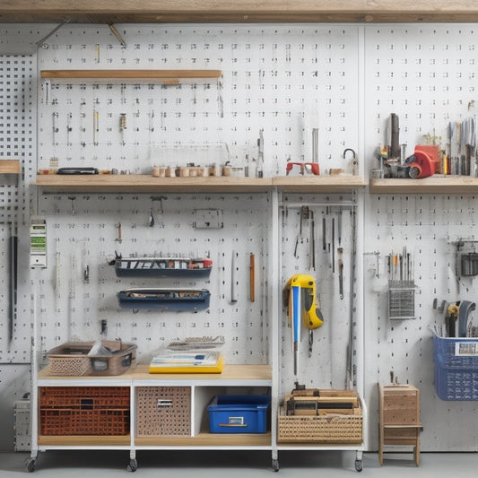A tidy workshop with a pegboard covered in neatly organized tools, a toolbox with labeled dividers, and a corner shelf with stacked clear bins, set against a clean, white background.