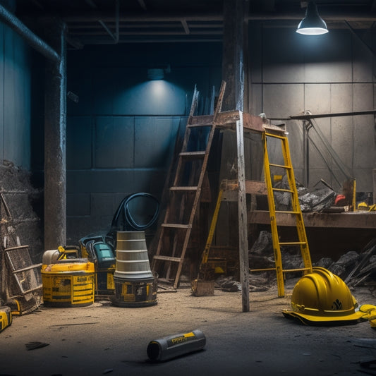 A dimly lit, cluttered construction site with a ladder leaning against a wall, scattered power tools, and a helmet lying on the floor, surrounded by caution tape and warning signs.