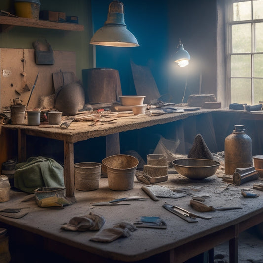 A cluttered, well-lit workshop table with a variety of organized plastering tools, including a hawk, trowel, joint knife, and mixing bucket, surrounded by scattered plaster dust and renovation materials.