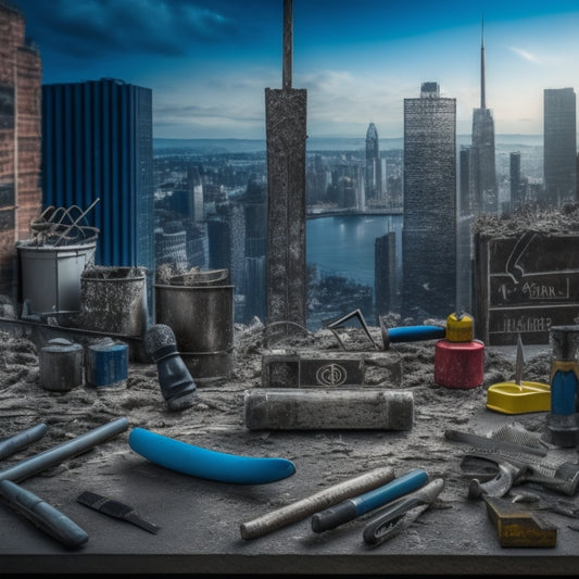 A cluttered renovation site with scattered tools, blueprints, and a cityscape in the background, featuring a large, worn-out hammer with a price tag attached to it, surrounded by smaller tools with question marks above them.