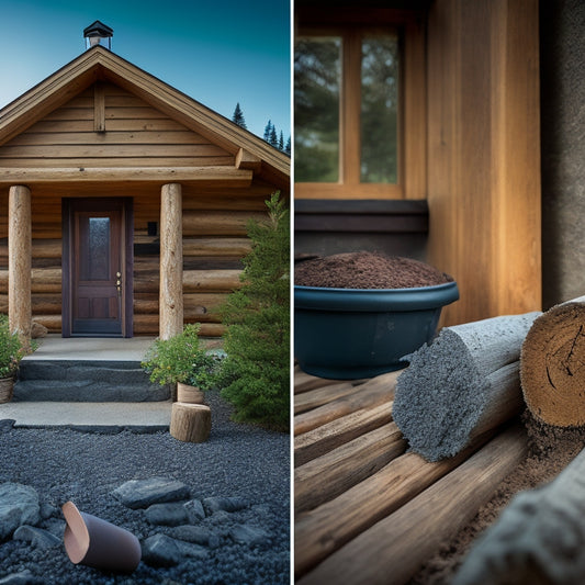 An image of a renovated house with a close-up of a perfectly chinked joint between two wooden logs, with a subtle hint of a mason's trowel and a few scattered mortar chips in the foreground.