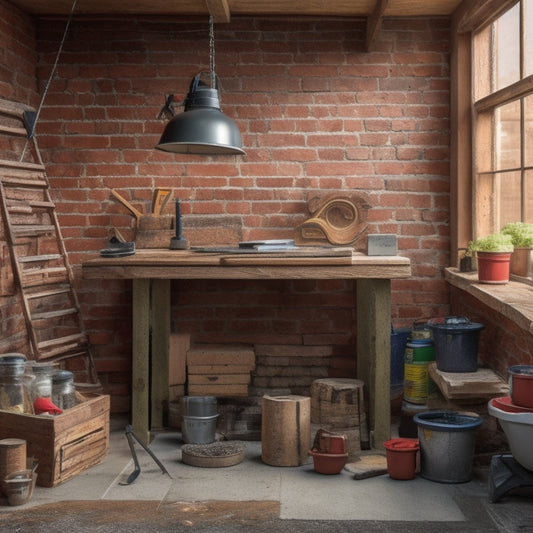 A clutter-free workbench with a level, trowel, spirit level, jointer, and a bucket of mortar, surrounded by neatly stacked bricks and a subtle hint of a renovation project in the background.