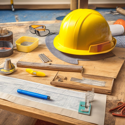 An organized workspace with a yellow hard hat, safety goggles, and earplugs on a wooden table, surrounded by scattered tools, blueprints, and a partially demolished wall in the background.