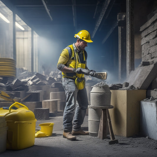 A cluttered workshop background with a person in the center, wearing a yellow hard hat, safety goggles, and a dust mask, holding a trowel and standing in front of a pile of concrete blocks.