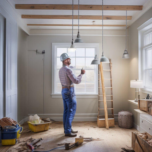 A clutter-free, well-lit room with a renovation in progress, featuring a contractor in a hard hat and vest, inspecting electrical wiring behind a partially removed wall, with a ladder and toolbox nearby.