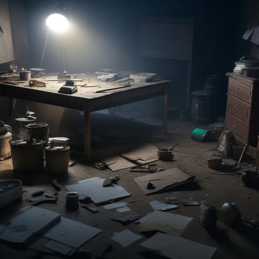 A cluttered, dimly lit room with a partially demolished floor, surrounded by scattered renovation tools and materials, with a faint outline of a checklist on a clipboard in the foreground.