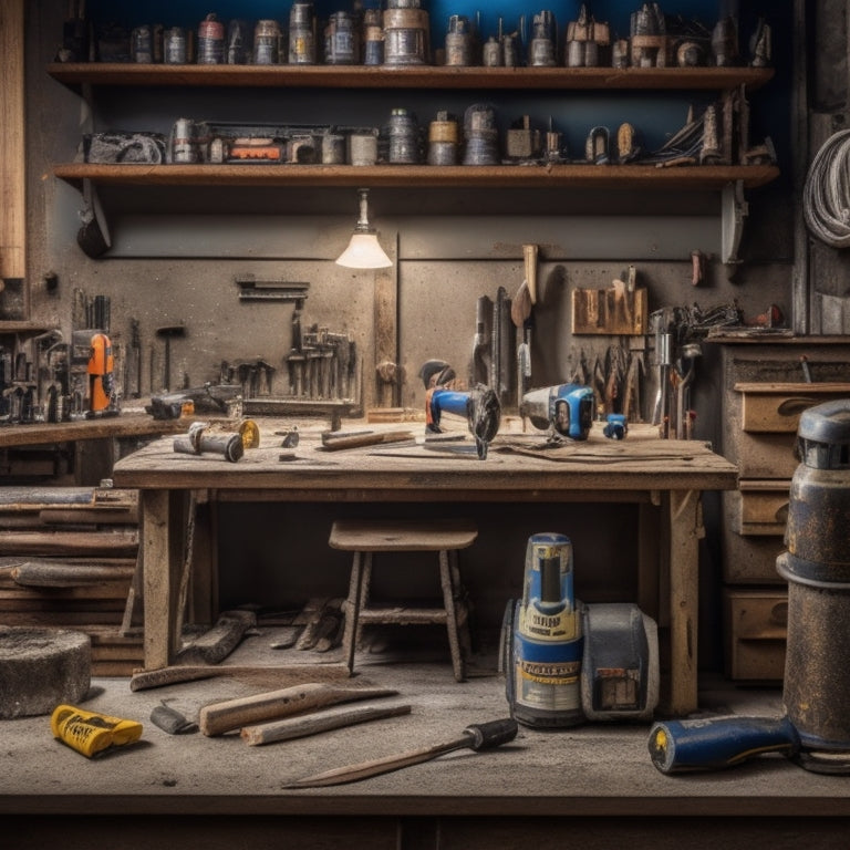 A cluttered workbench with various drilling accessories: a cordless drill, bits, drivers, sanding attachments, a level, and a tape measure, surrounded by renovation materials like drywall, pipes, and lumber.