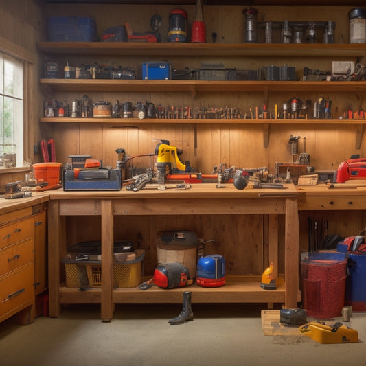 A tidy workshop with a wooden workbench, surrounded by organized tools and materials, including a cordless drill, level, tape measure, hammer, and a partially built shelving unit in the background.