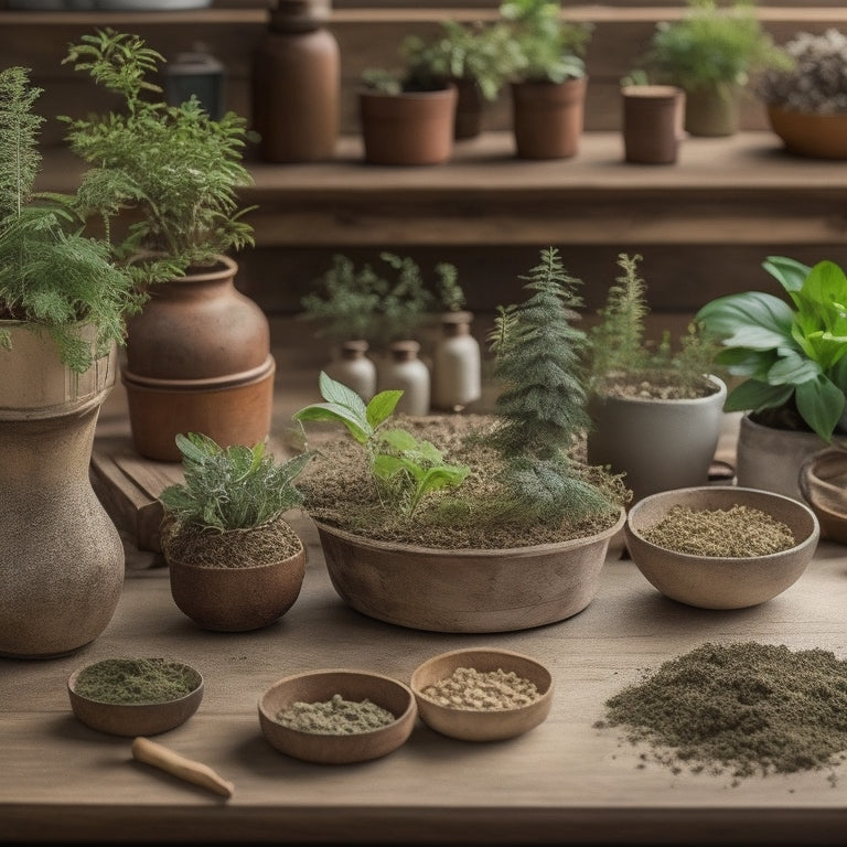 A beautifully styled, rustic wooden table with 5-7 DIY herb planter kits in various stages of assembly, surrounded by potted herbs, gardening tools, and a few renovation-inspired decorative elements.